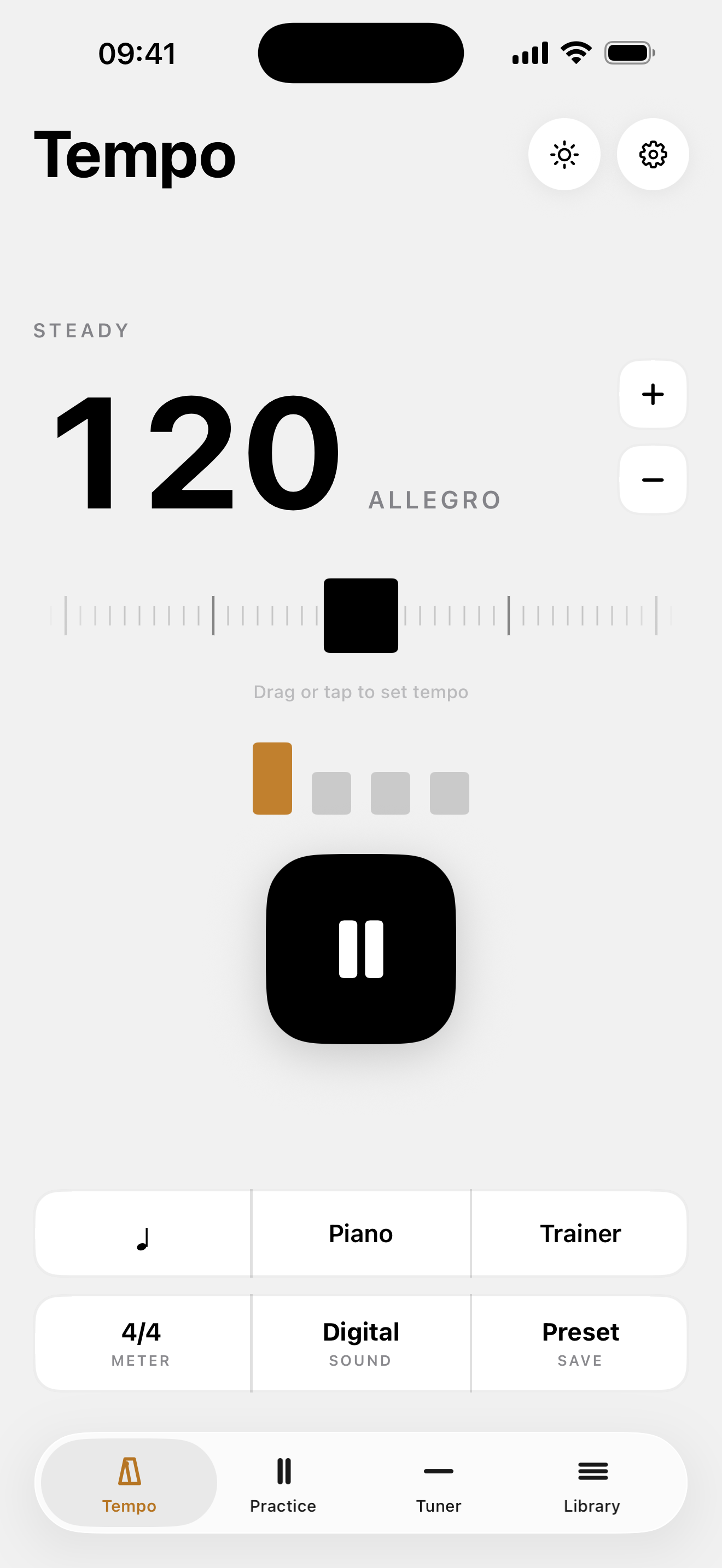 The Steady Tempo screen — playing at 120 BPM